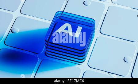 The scene shows blue glass blocks arranged in a design with the letters AI. This represents artificial intelligence technology and innovation. Stock Photo