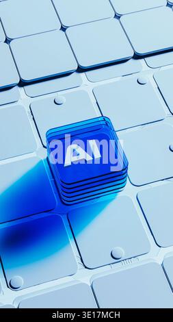The scene shows blue glass blocks arranged in a design with the letters AI. This represents artificial intelligence technology and innovation. Stock Photo