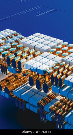This visual presents a 3D design featuring circuit technology shapes in blue. Stock Photo