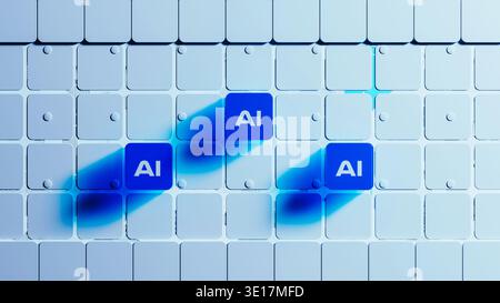 The scene shows blue glass blocks arranged in a design with the letters AI. This represents artificial intelligence technology and innovation. Stock Photo