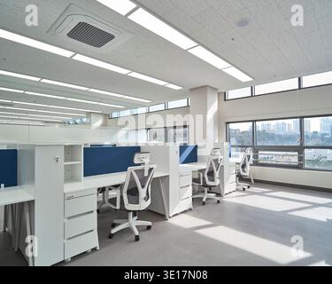 Open office with white workstations and bright daylight. Stock Photo