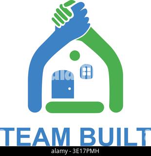 House logo with joining hands roof symbolizing teamwork, trust, community. Stock Vector