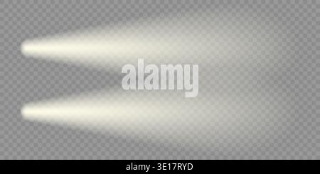 Car headlight overlay, lighthouse top flashlight flare. Night beacon yellow lens shine. Street lights in foggy night isolated effect. Led spot of Stock Vector