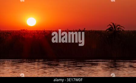 Botswana - Chobe National Park - Kwando River - A brilliant red and orange sunset blazes over the Kwando River wetlands, its vivid colors reflected on Stock Photo
