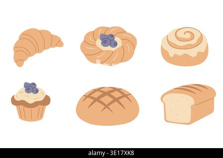 Bakery products set with bread croissant and sweet pastry vector illustration. Stock Vector