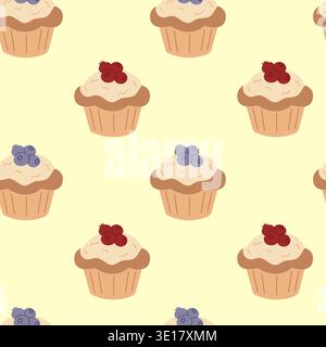 Sweet cupcakes with berries seamless pattern vector illustration. Stock Vector