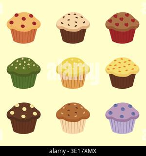 Sweet cupcakes and muffins collection with different flavors vector illustration. Stock Vector