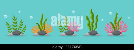 Underwater sea plants and corals collection on turquoise background vector illustration. Stock Vector