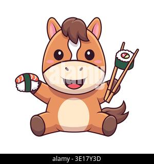 Cute Cartoon Horse Eating Sushi Vector Illustration with Salmon and Tuna Nigiri Stock Vector