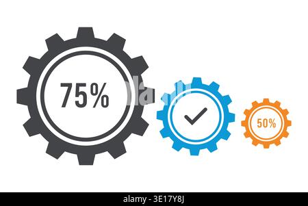 Set of 3 Connected Gears Infographic Business Progress with 75%, 50% and Checkmark Icon in Vector Stock Vector