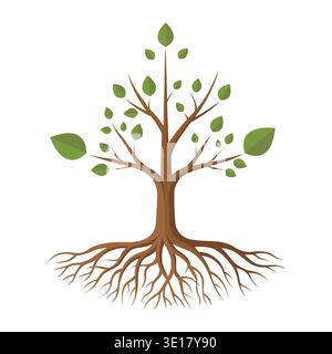 Detailed Vector Tree with Deep Roots and Green Leaves: Healthy Growth and Foundation Concept Stock Vector