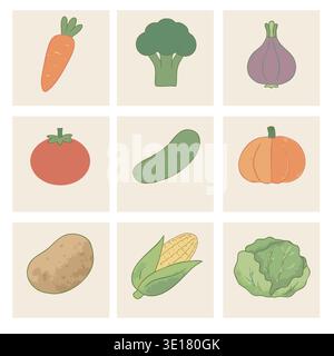 Vegetables illustration set with potato, carrot, tomato, corn, cabbage, pumpkin, cucumber and onion Stock Vector