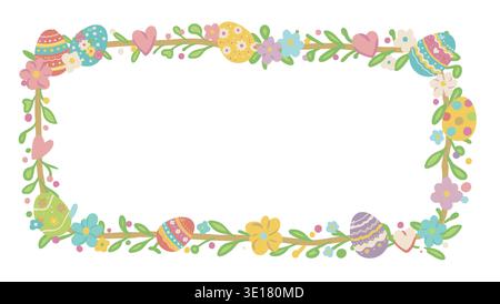 Cute Easter frame with decorated eggs and spring flowers Stock Vector