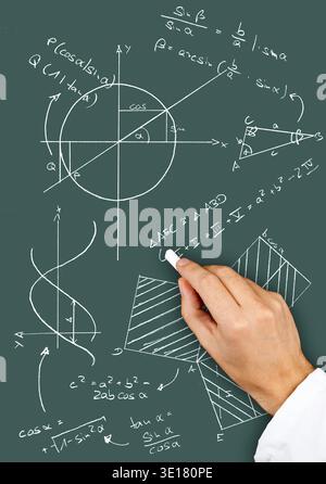 Research scientist writing maths diagrams and formulas with chalk on blackboard Stock Photo