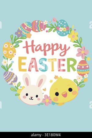 Cute Happy Easter floral frame with eggs, bunny and chick Stock Vector