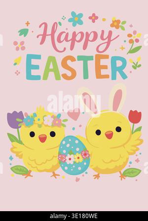 Cute Happy Easter card with flowers, eggs and yellow chicks Stock Vector