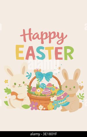 Cute Happy Easter card with basket, eggs and bunnies Stock Vector