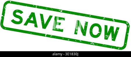Grunge green save now word rubber square seal stamp on white background Stock Vector