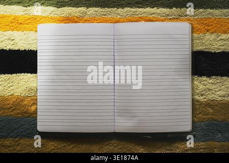 Open blank lined notebook placed on a colorful striped carpet with soft natural light and shadows. Minimal composition ideal for writing, planning, ed Stock Photo