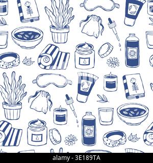 Blue Wellness Sleep and Spa Accessories Seamless Pattern. Cosmetics, Creams, Sleep Mask, Yoga Mat Flowerpot and Candle on White Background. Line Art h Stock Vector