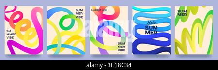 Set of summer bright and juicy banners. Modern abstract design with wavy shapes and lines. Templates for advertising, postcards, covers, posters, sale Stock Vector