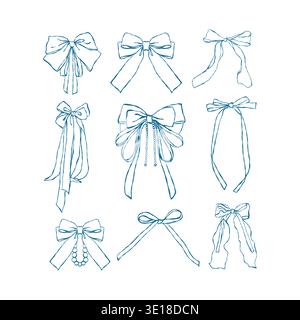 A set of vintage-style bows. Illustrations of blue ribbon bows in outline vector. Vector clip art in Rococo, Baroque, and Victorian styles. Design elements for weddings, birthdays, Valentines Day, Easter, and parties. Stock Vector