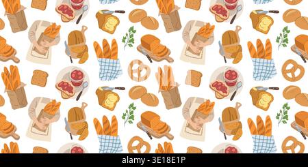 Large bakery seamless pattern with assorted breads pretzels and toast vector Stock Vector