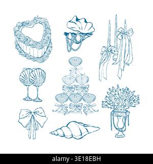 A set of summer vintage vector illustrations featuring coastal weddings, picnics, and parties. Whimsical nautical decor. Shells, cake, candles, bows, pearls, a tower of glasses. Outline clipart in blue Stock Vector
