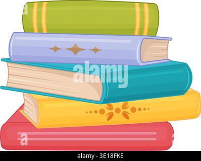 colorful stack of hardcover books, bright covers stacked neatly with visible spines Stock Vector