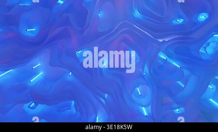 Abstract blue artistic light installation forming wavy shapes and glowing neon tubes Stock Photo