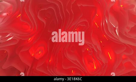 Flowing red layers with glowing fireflies creating an abstract biological background Stock Photo