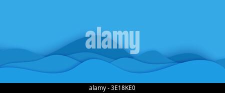 Wavy border in paper cut style. 3d abstract background with cut out deep waves modern cover. Blue color layers with smooth shadow papercut art. Vector Stock Vector