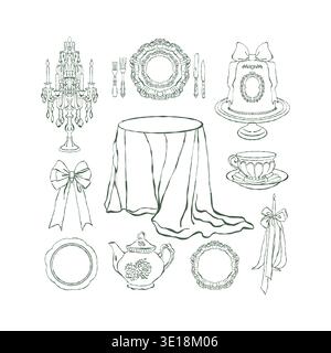 A set of clipart for a vintage romantic dinner. Table with a tablecloth, teapot, tea set, akecandles, vintage cutlery, candelabra. Hand-drawn doodle style. Vector outline illustration in green. Stock Vector