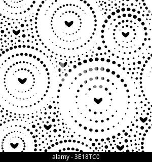Dotted halftone circles and hearts, vector monochrome black seamless pattern, trendy dynamic psychedelic endless background with radial swirls Stock Vector