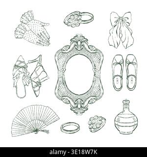 A set of vintage womens accessories. Frame, fan, rings, gloves, bows, perfume, shoes. A collection of illustrations in the Rococo and Baroque styles. Historical womens costume. Vector outline clipart in green. Stock Vector