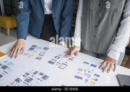 Developer team brainstorming user interface and experience designs for mobile application ux ui graphic prototype Stock Photo
