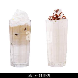 Two tall glasses showcase refreshing drinks, one with coffee and cream and the other a sweet vanilla flavor, both topped with whipped cream and drizzl Stock Photo