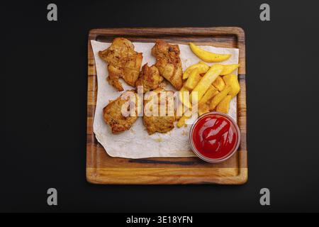 Crispy fried chicken pieces are served alongside golden fries and a small bowl of ketchup, arranged neatly on a wooden tray with parchment paper Stock Photo