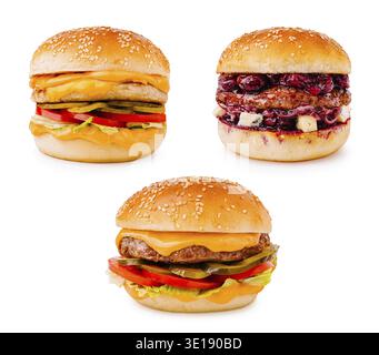 Three gourmet burgers are displayed with a variety of toppings. The burgers feature melted cheese, lettuce, tomatoes, and unique sauces, presenting a Stock Photo