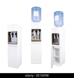Three views of a modern white standing water cooler dispenser with a large blue water bottle on top on white background Stock Photo