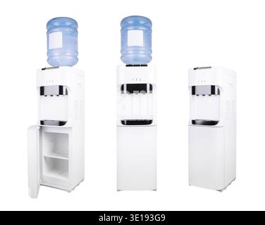 White water cooler dispenser with a full bottle of water on top and an open empty fridge on a white background Stock Photo