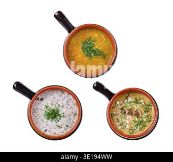 Three different kinds of soup are served in brown ceramic bowls, shot from above on a white background Stock Photo