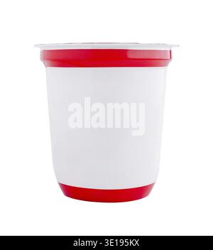 White blank plastic container with red lid, useful for dairy products or dessert, yogurt, cream, sour cream, isolated on white background Stock Photo