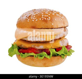 Delicious double burger with crispy patty, melted cheese, fresh vegetables and sauce, isolated on white background Stock Photo