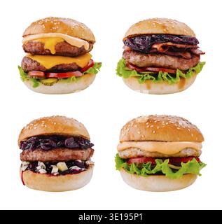 Four mouthwatering burgers with beef, bacon, cheese, vegetables, and sauces are waiting to be eaten Stock Photo