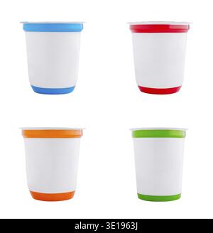 Four blank yogurt cups with colorful lids are standing on a white background Stock Photo
