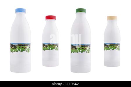 Four white plastic bottles of milk with different colored caps are standing on a white background, showing cows grazing in a pasture Stock Photo