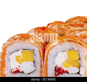 Sushi set with salmon, mango and red tobiko caviar is served on white background Stock Photo