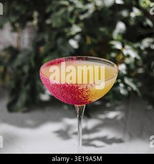 Sophisticated cocktail in a stemmed glass with a vibrant red rim, presented on a textured gray surface Stock Photo