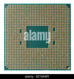 computer cpu with green board and gold pins isolated white background, microchip and semiconductor component Stock Photo